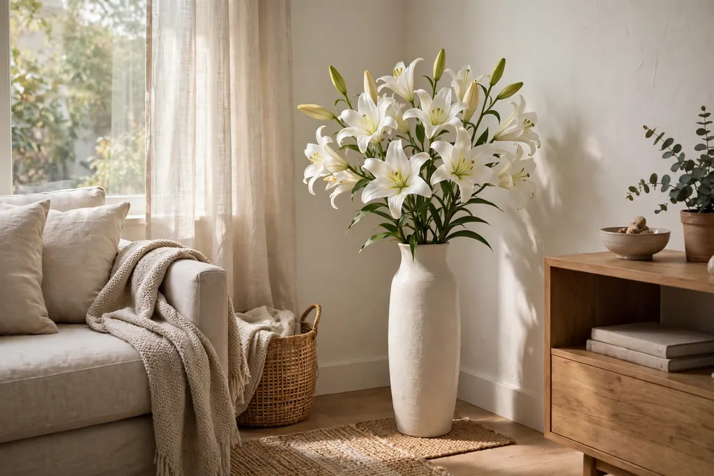 White lilies in a tall floor vase in a living room corner.