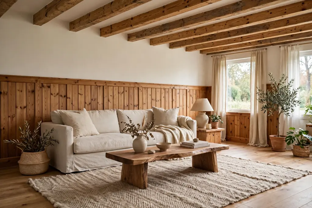 Living room with pine beams and wood panelled walls and warm white walls.