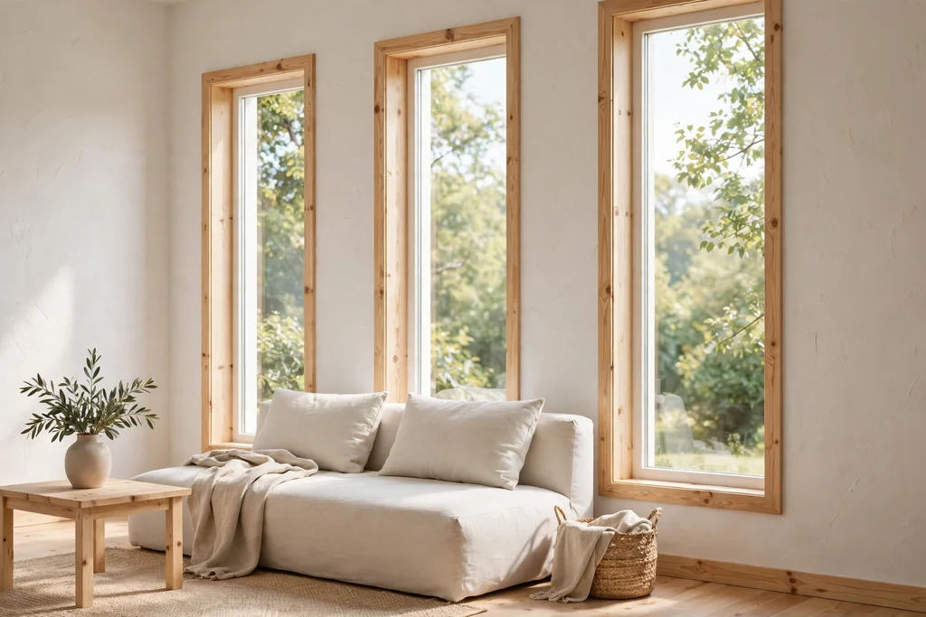 Room with warm white plaster walls and simple wood trim around windows.