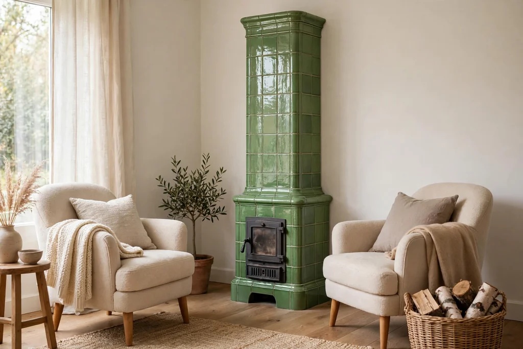 Living room corner with a green ceramic tile stove and seating turned toward it.