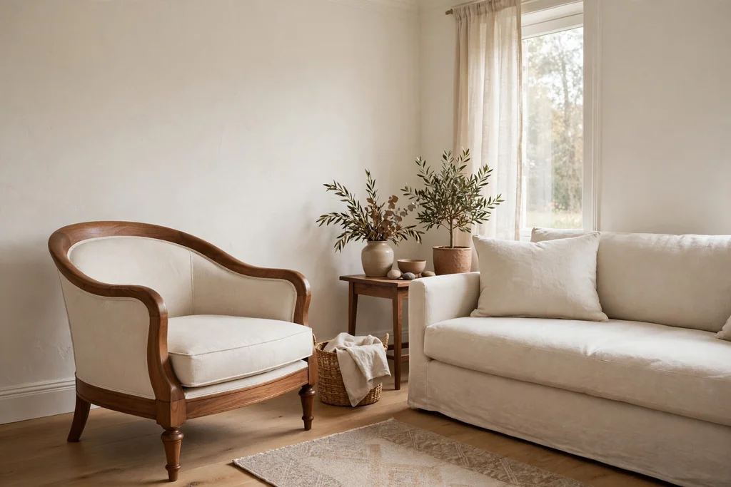 Room with a curved Biedermeier style walnut chair and plain linen sofa.