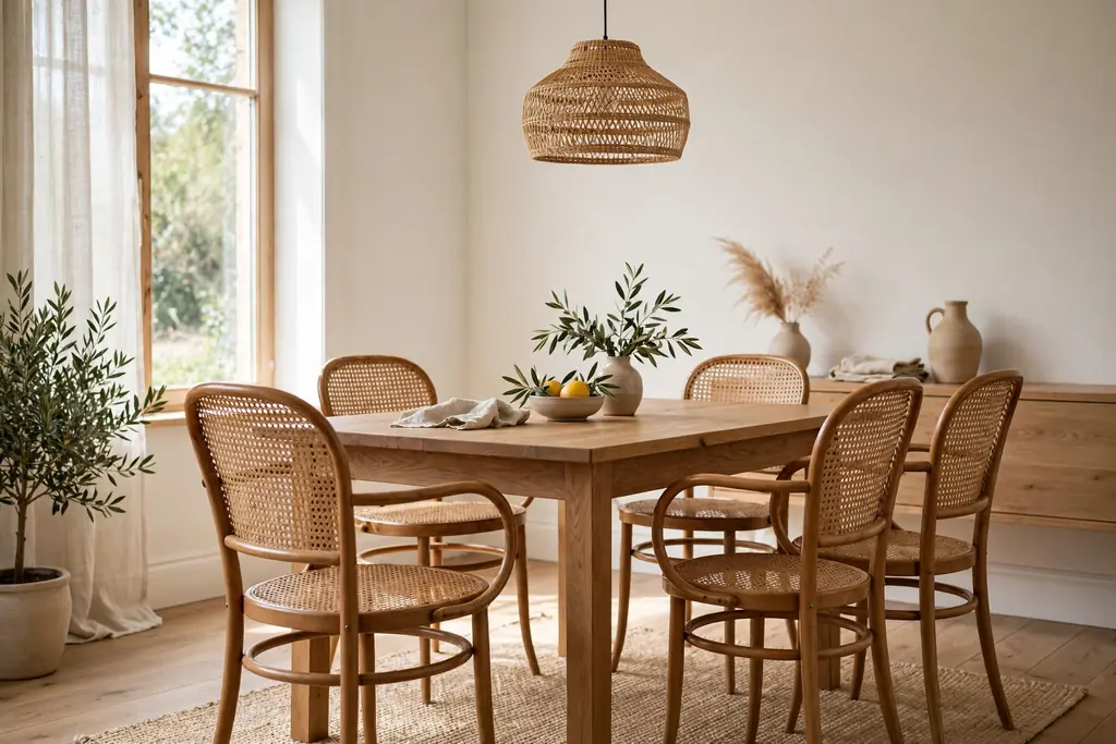 Dining area with woven cane chairs around a plain wood table.