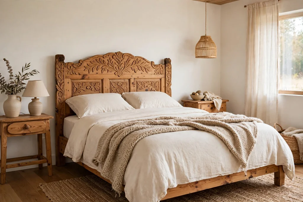 Bedroom with a carved pine bed frame and plain linen bedding.