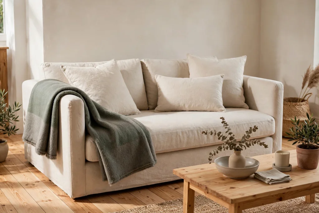 Sofa with a grey green loden wool throw folded over one arm.