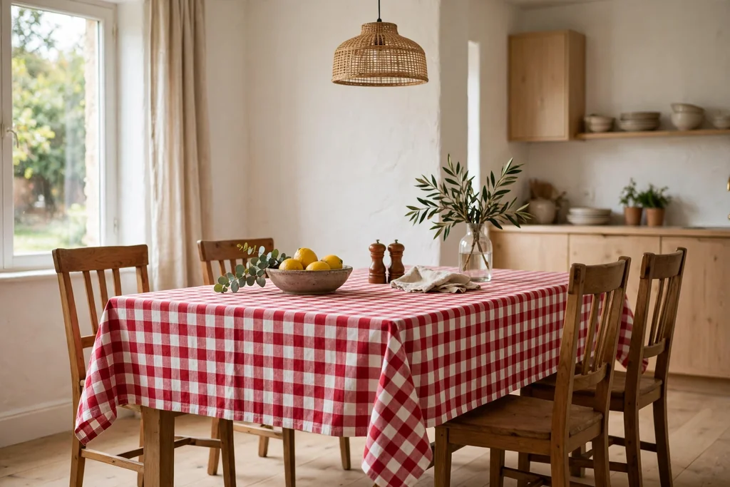 Kitchen table with a red and white checked tablecloth and wood chairs.