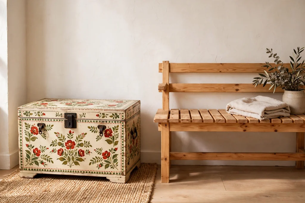 Small painted folk chest with floral motifs beside a pine bench.
