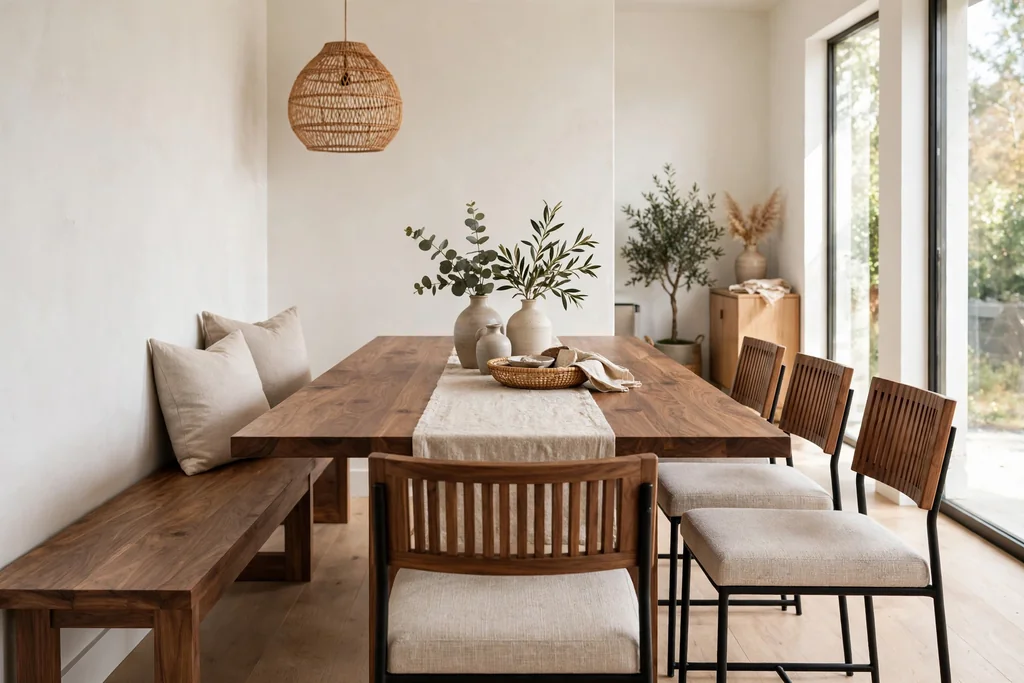 Dining room with a long walnut table and bench seating.
