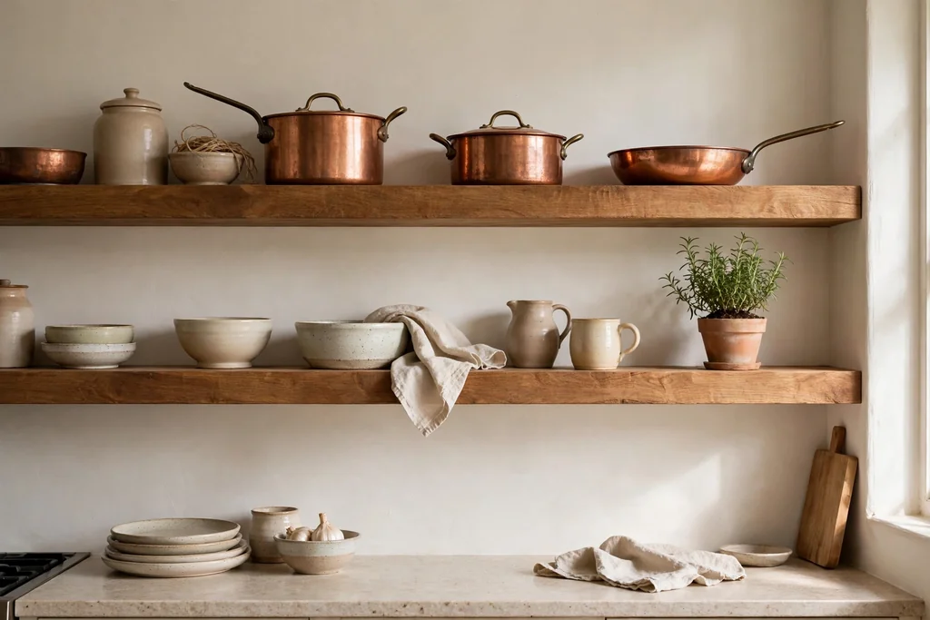Kitchen with open wood shelves holding copper pots and ceramics.