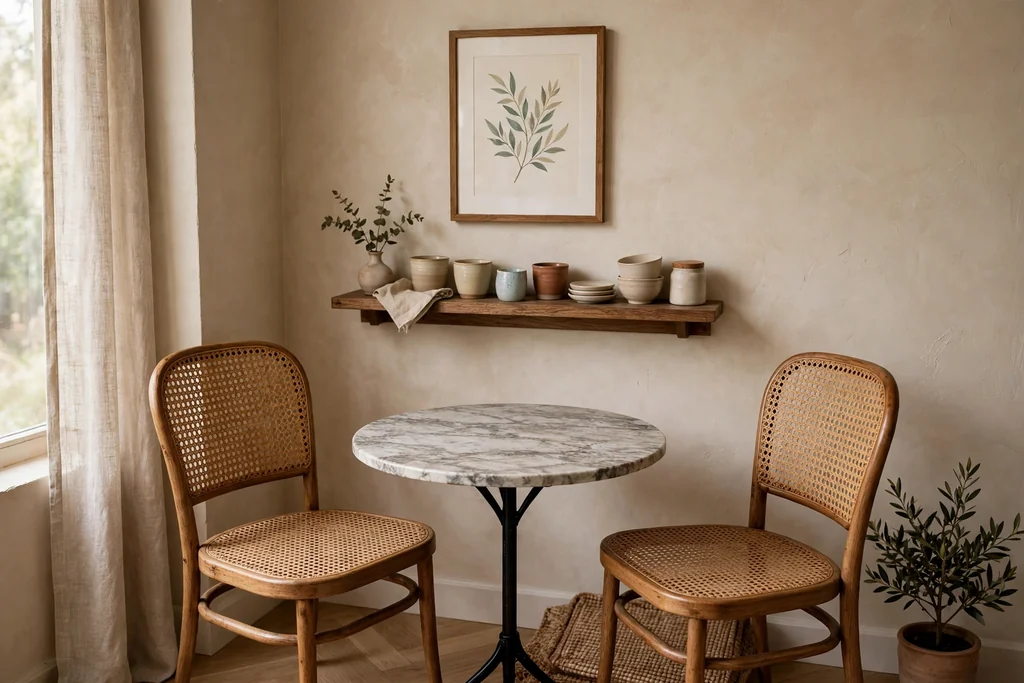 Coffee house corner with a small round table and cane chairs.