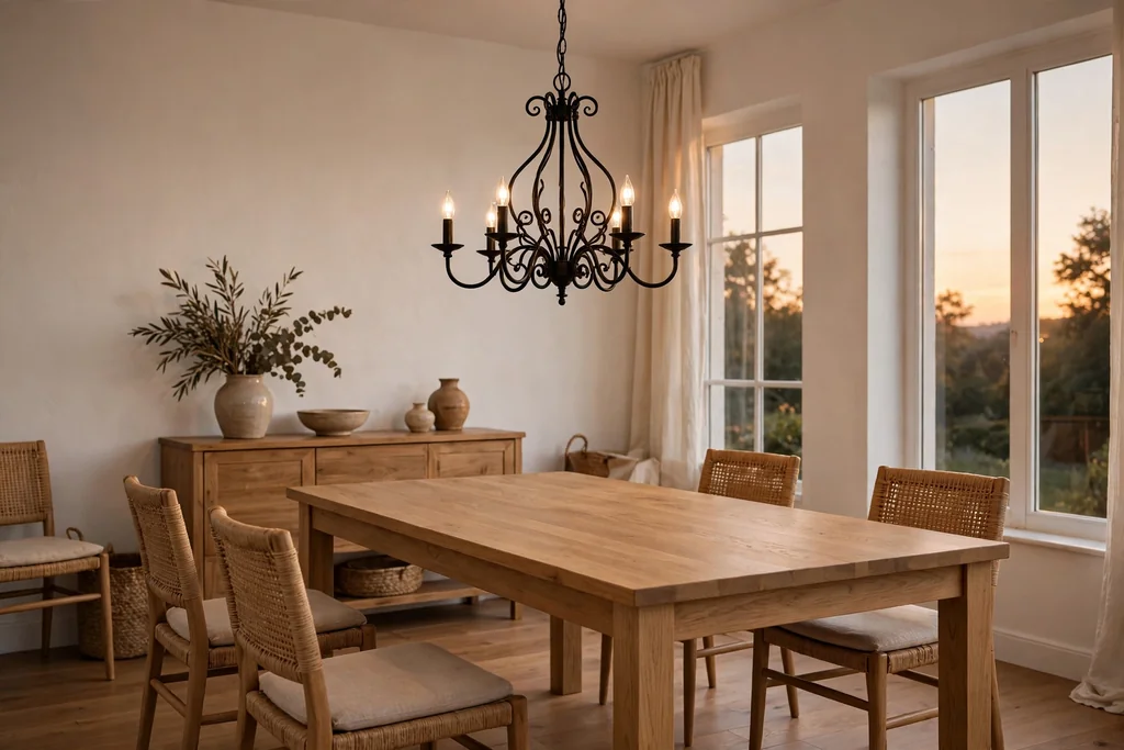 Dining room with a wrought iron pendant light over a wood table.