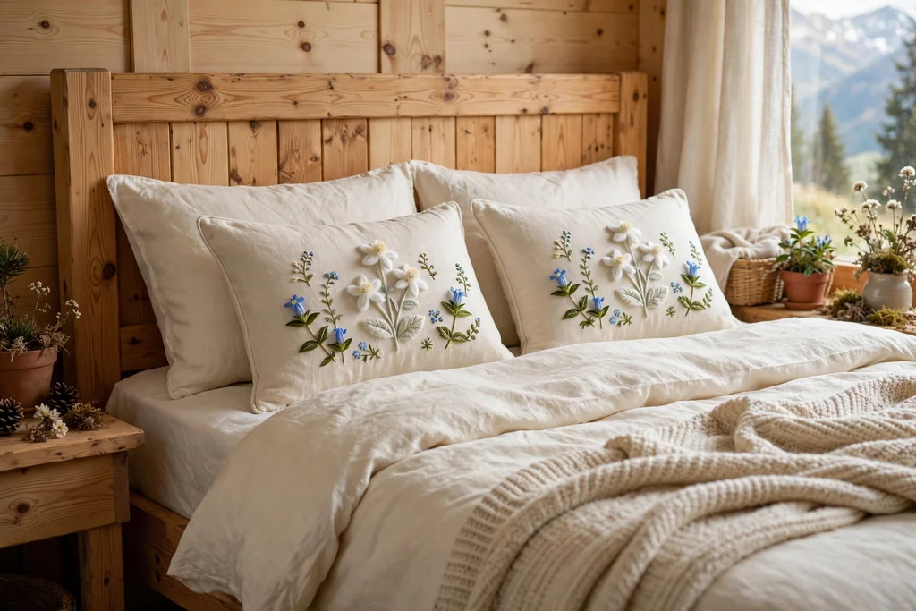 Bed with embroidered cushions showing edelweiss and alpine flowers.