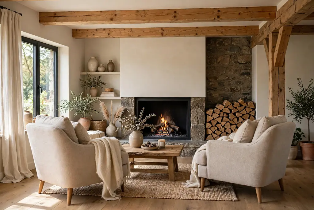Living room with a stone fireplace and a neat wood stack beside it.