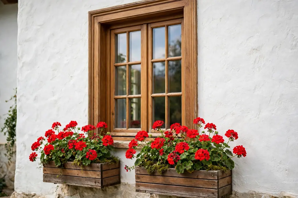 House window with flower boxes holding red geraniums.