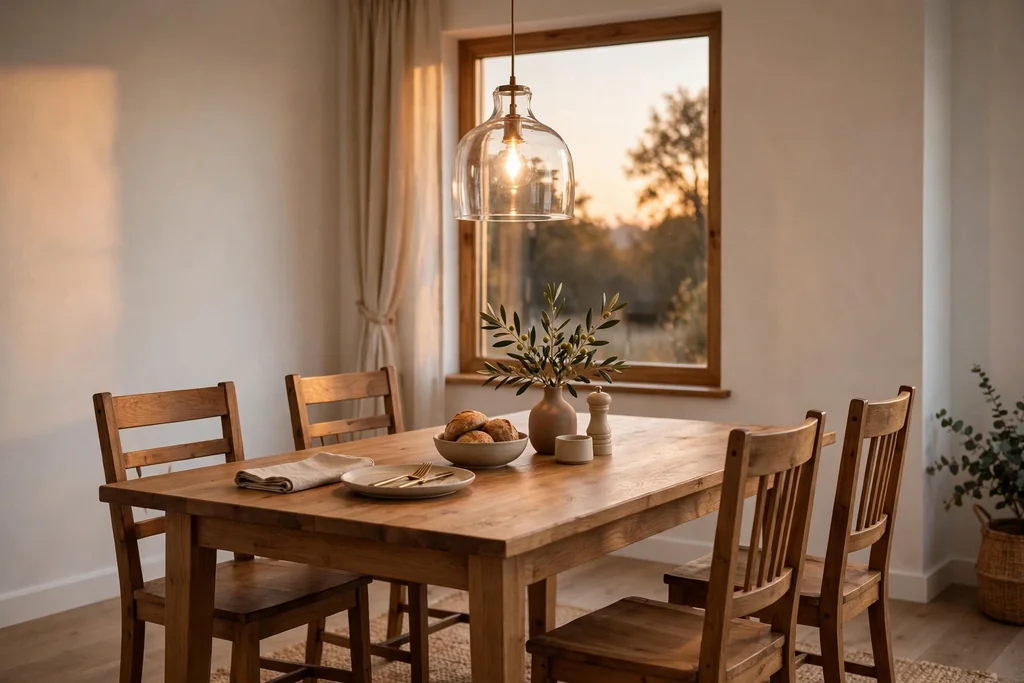 Dining table with a clear glass pendant light hanging above it.