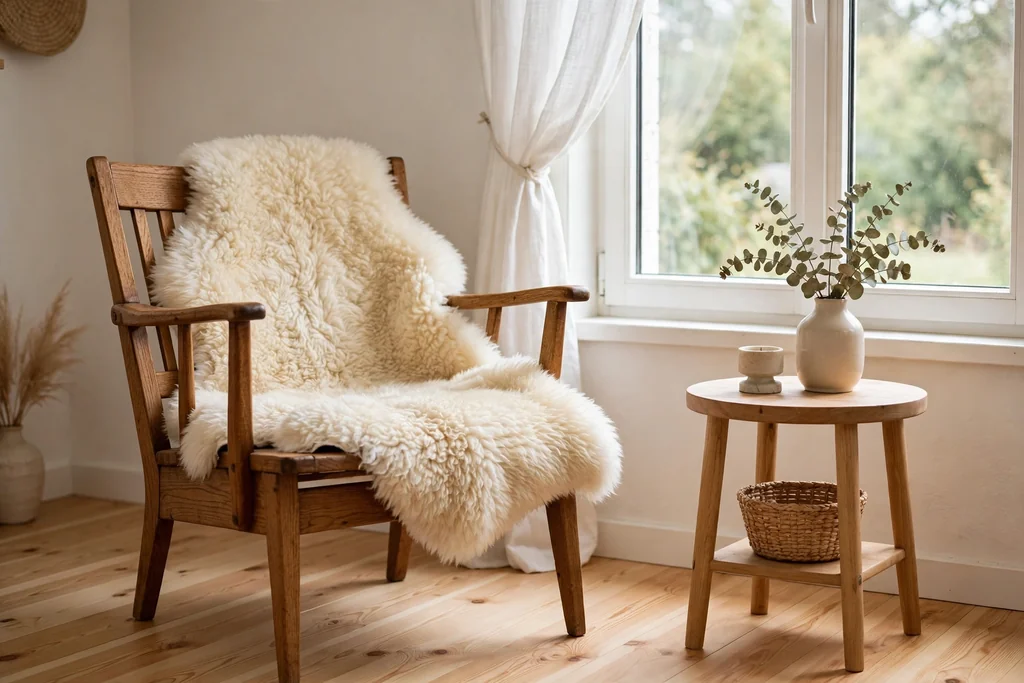 Wooden chair with a cream sheepskin draped over it by a window.