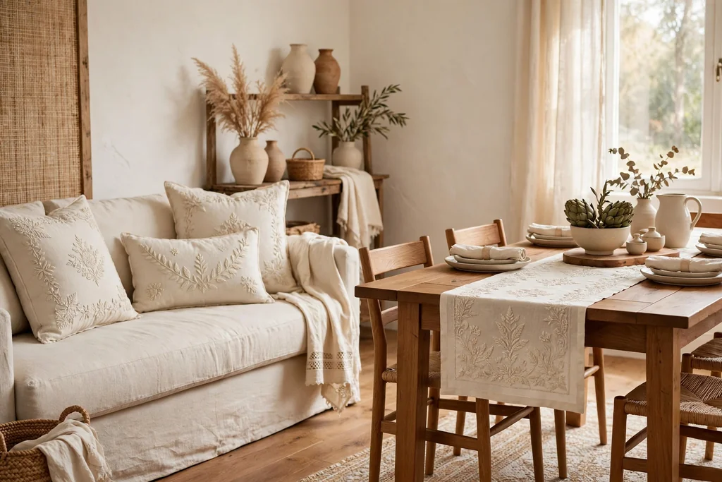 Sofa with embroidered linen cushions and a dining table with a linen runner.