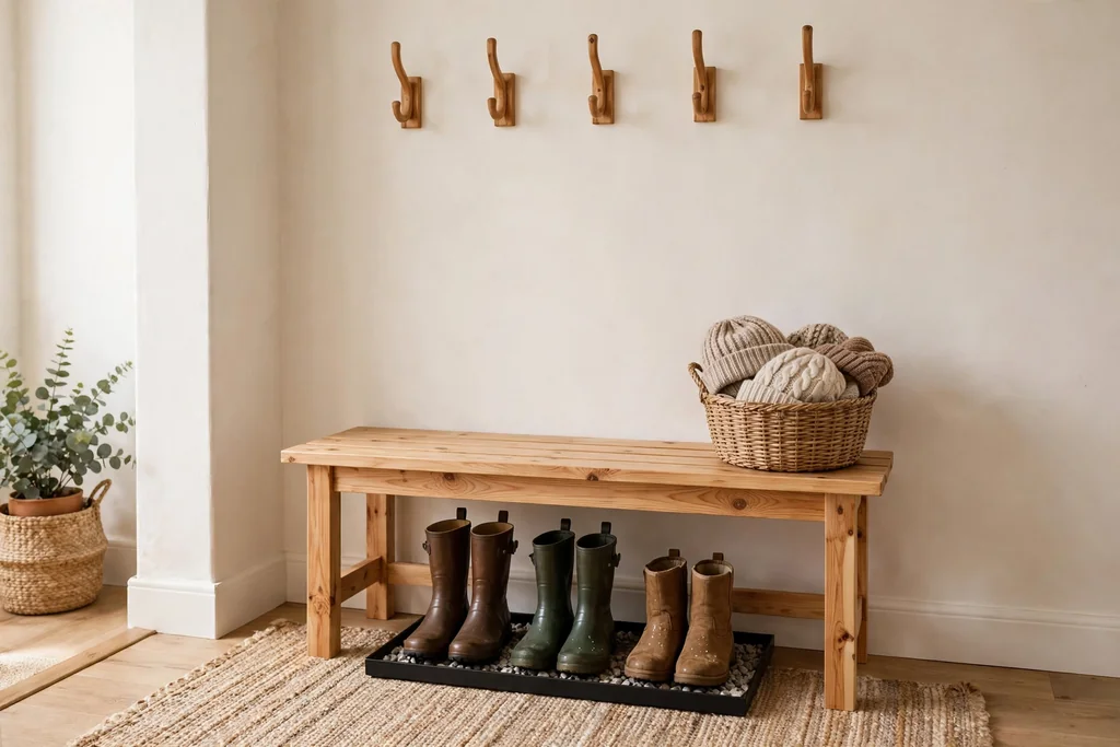 Entryway with a pine bench