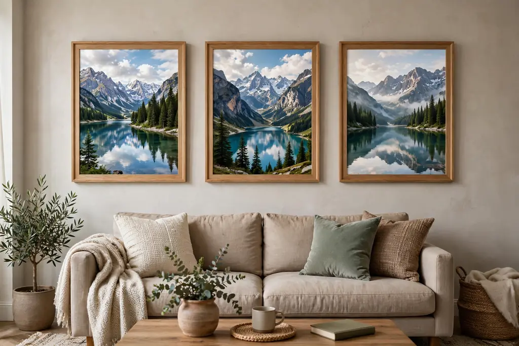 Living room wall with framed Alpine landscape prints in wood frames.