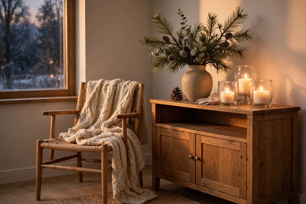 Winter corner with pine branches in a vase