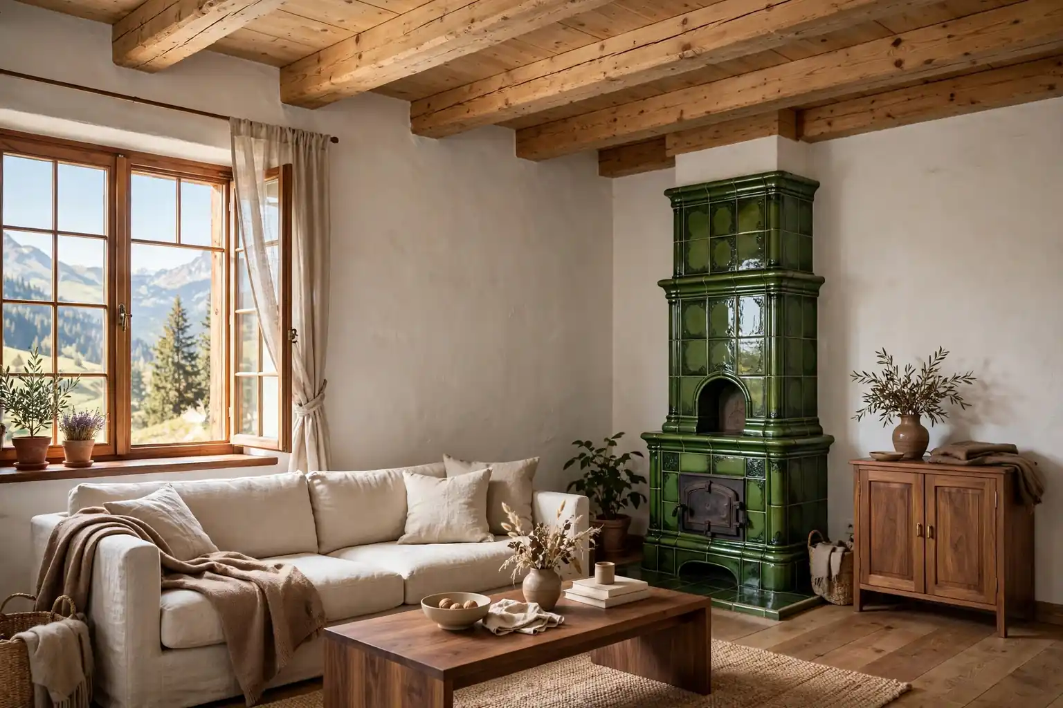 Wide Austrian living room with pine beams