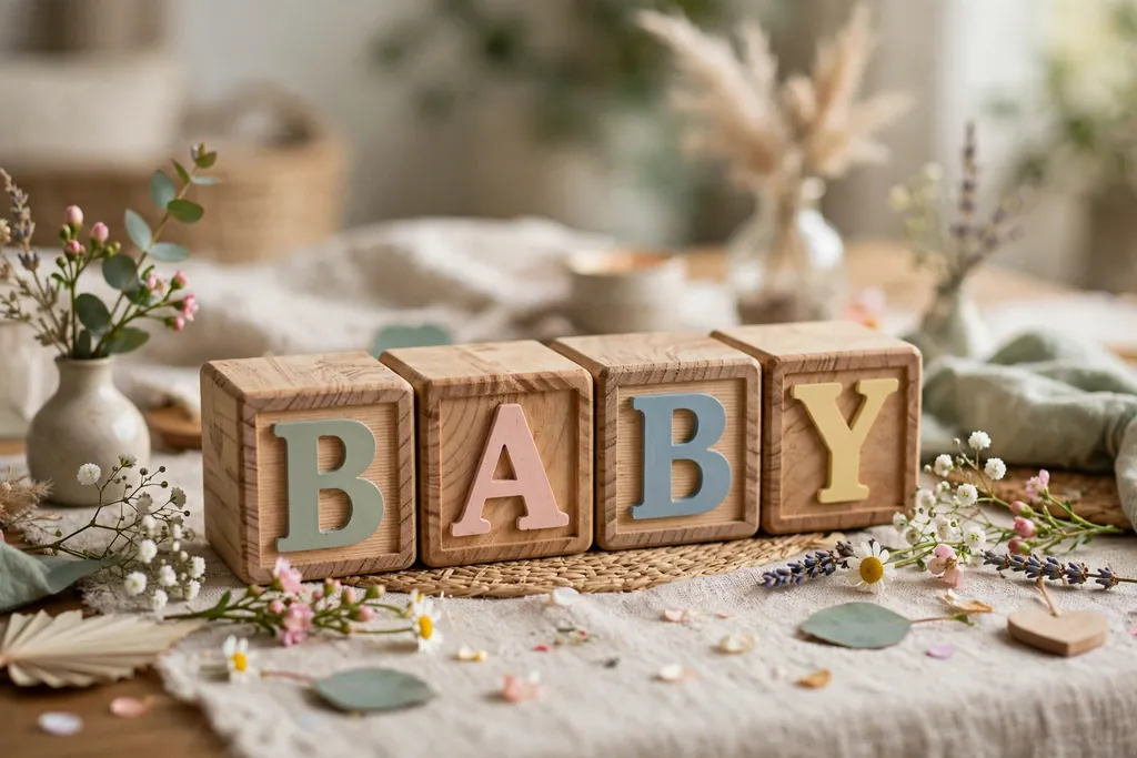 Wooden baby blocks stacked to spell BABY on a baby shower table with small flowers.