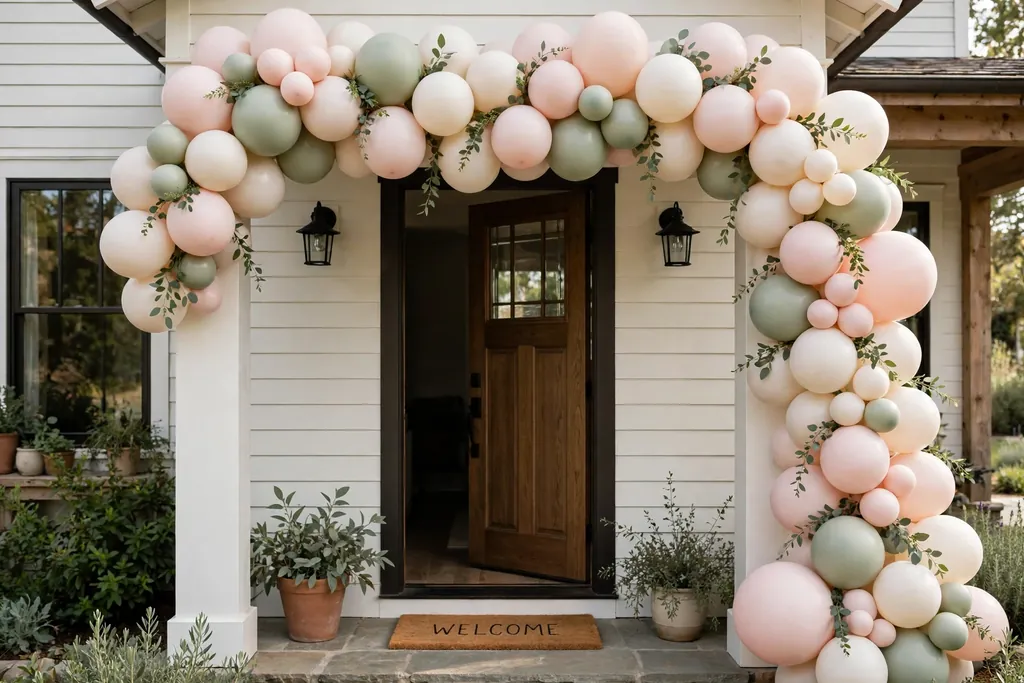 Pastel balloon arch in blush, cream, and sage over a home entry doorway.