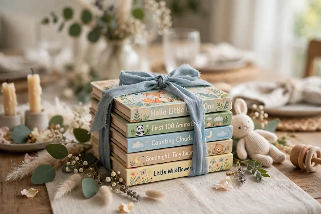Stack of small children's books tied with ribbon as a baby shower table centerpiece.