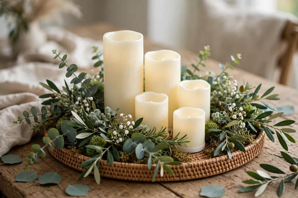 Battery candle cluster with greenery on a round tray as a table centerpiece.