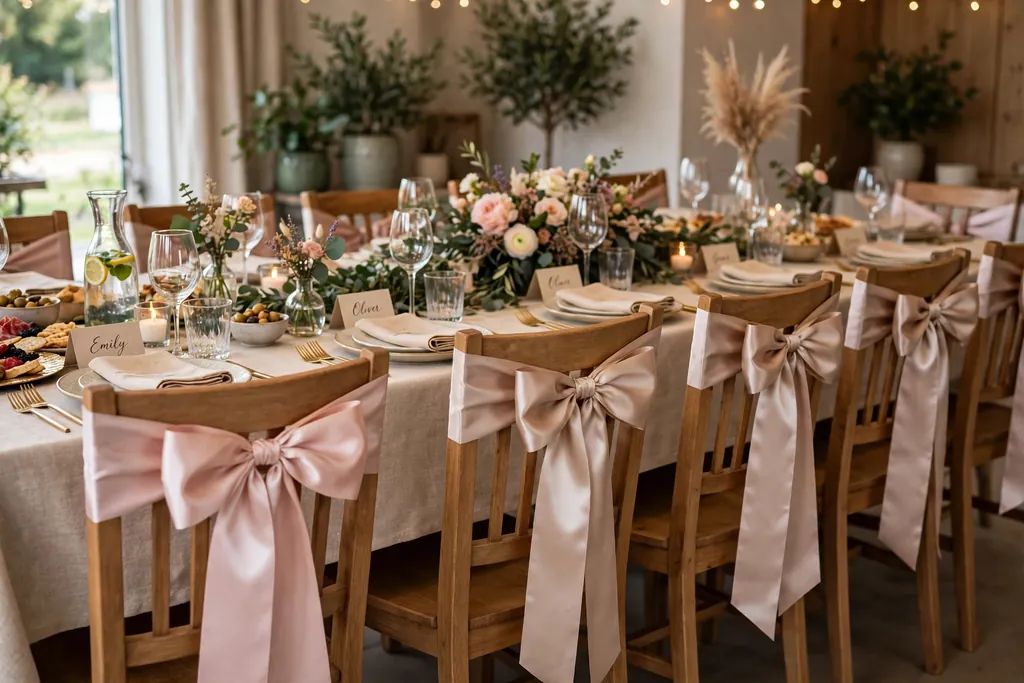 Dining chairs with wide satin ribbon bows tied on the back rails at a party table.