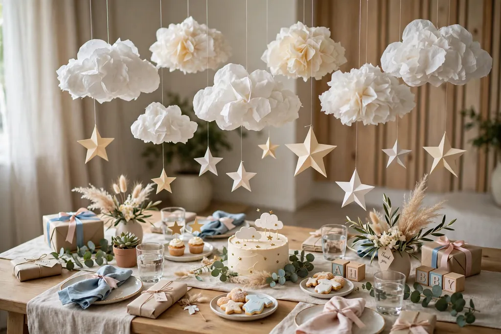 Paper clouds and stars hanging from clear thread above a baby shower table.