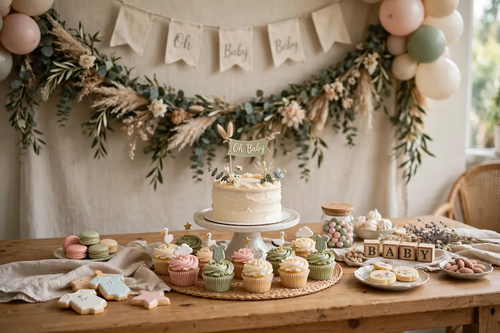 Dessert table with a tiered cake stand, cupcakes, and a garland backdrop.