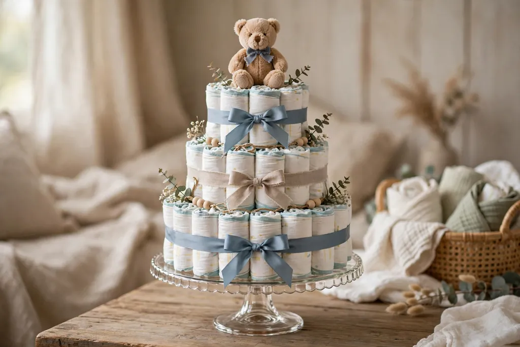 Tiered diaper cake with ribbon and a small plush topper displayed on a cake stand.