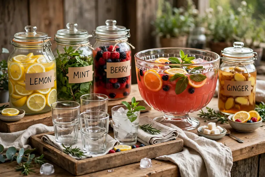 Drink station with labeled glass jars, a punch bowl, and glasses on a tray.