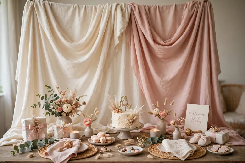 Soft cream and blush fabric backdrop hanging behind a decorated baby shower table.