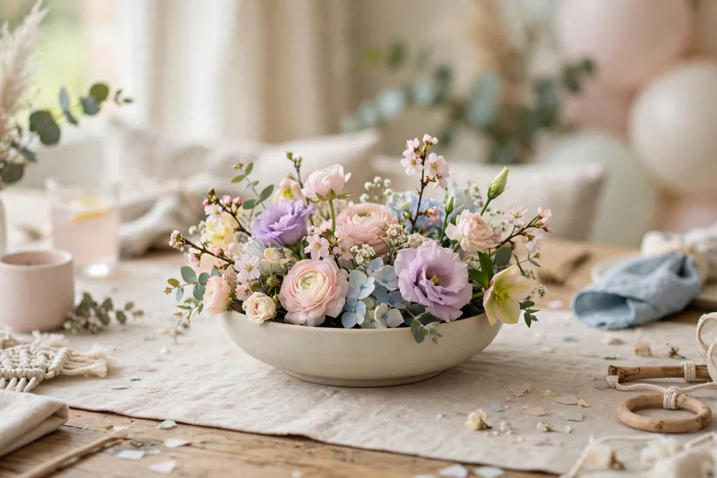 Low wide bowl of short stemmed pastel flowers as a baby shower table centerpiece.