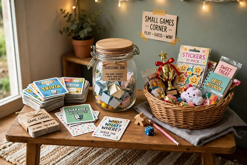Small games corner table with game cards, a guessing jar, and a prize basket.