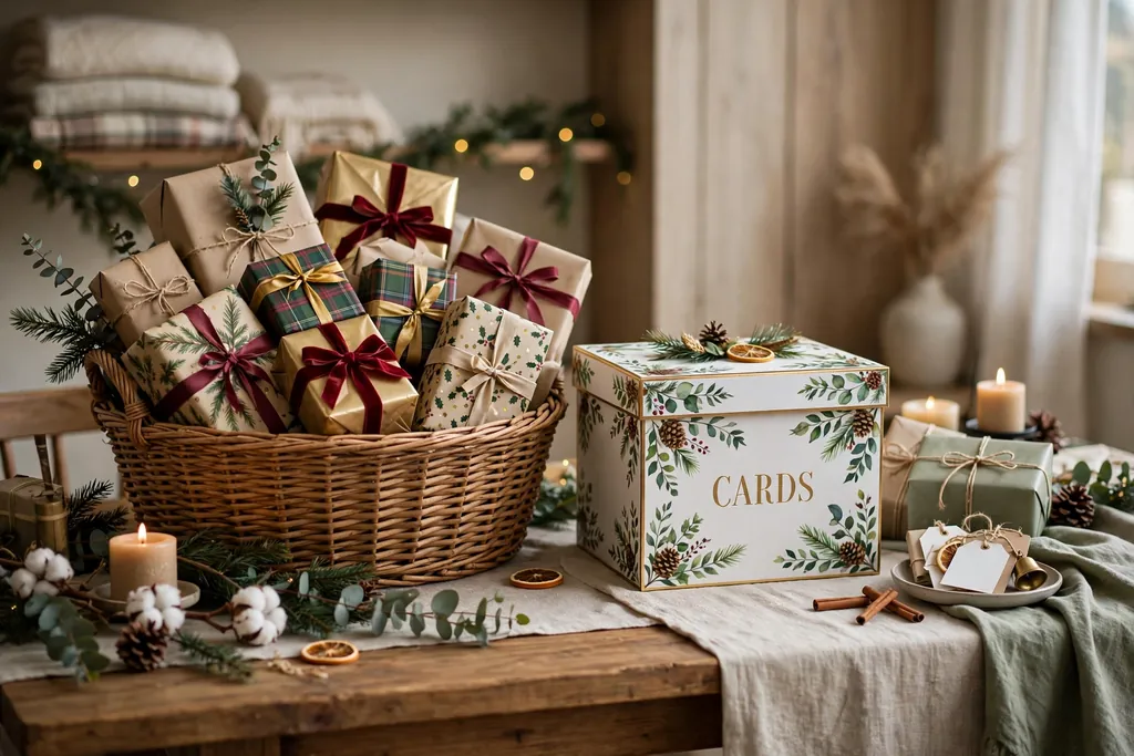Gift table with a large basket of wrapped gifts and a decorated card box.
