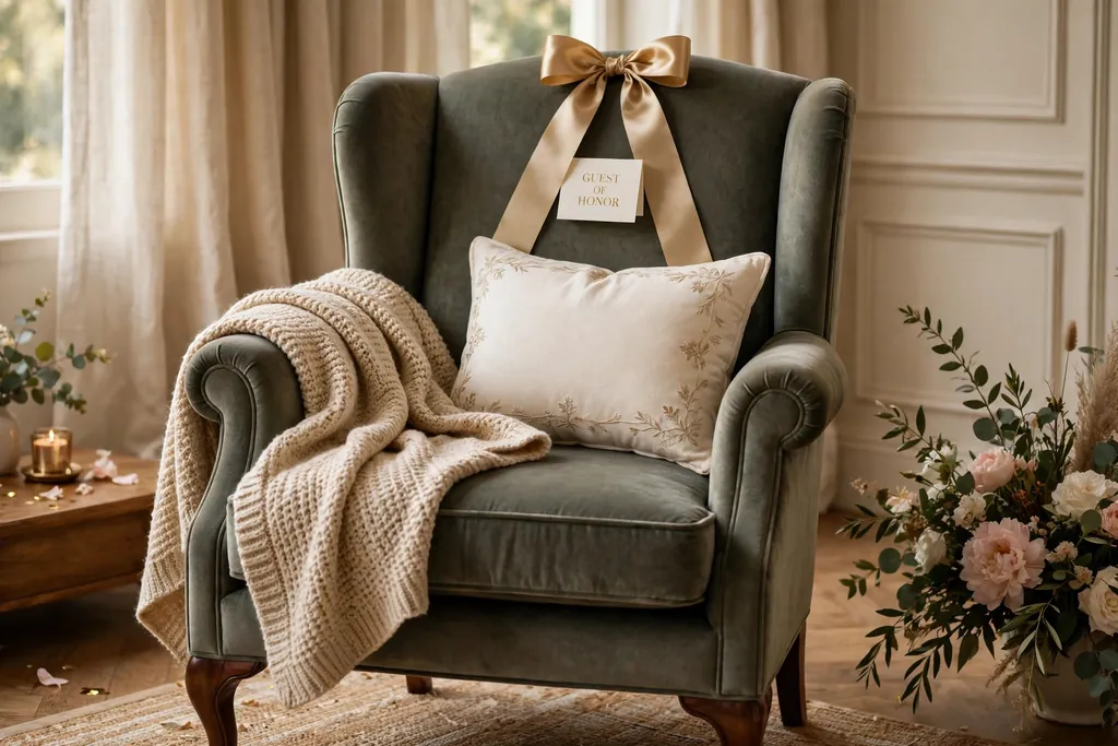 Decorated armchair for a guest of honor with a throw, cushion, and ribbon bow.