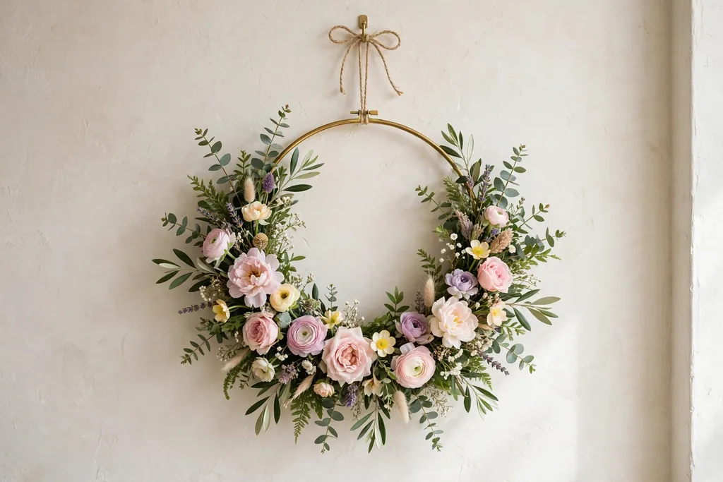 Floral hoop wreath with greenery and pastel flowers hanging on a wall.