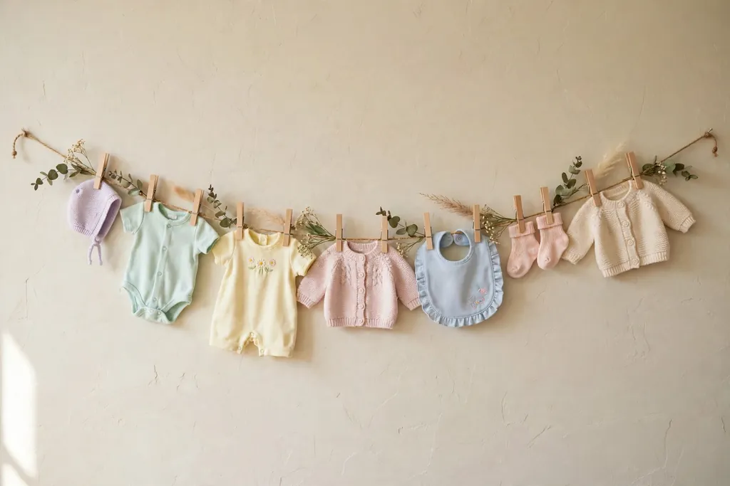 Small pastel baby clothes clipped on a twine clothesline garland across a wall.