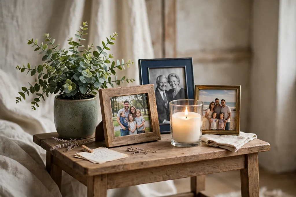 Small memory table with framed family photos, a plant, and a battery candle.