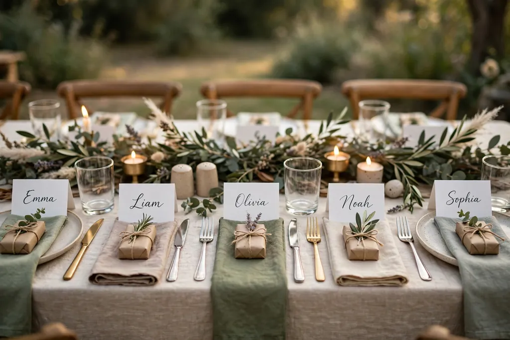 Place cards with guest names and small wrapped favors set at a party table.