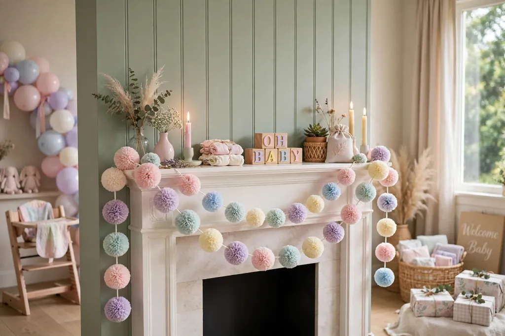 Pastel pom-pom garland draped across a mantel in a baby shower room.