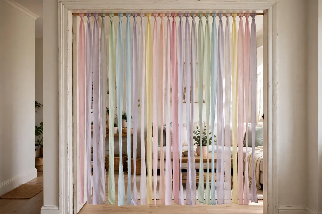Ribbon curtain in pastel shades hanging across a home doorway.