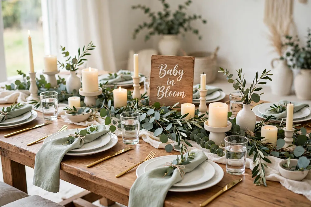 Sage and white baby shower tablescape with a eucalyptus runner, white plates, and cream candles.