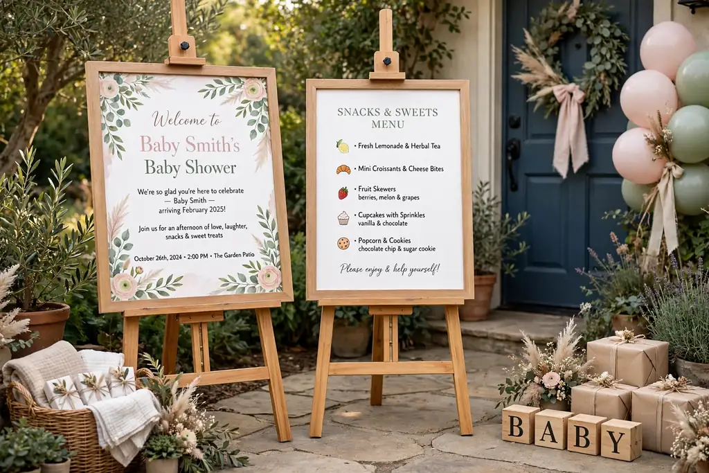 Framed welcome and menu boards standing on easels at a baby shower entry.