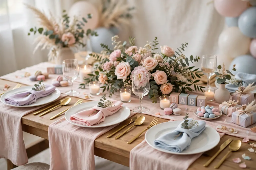 Pastel baby shower table setting with a blush runner, white plates, and folded napkins.