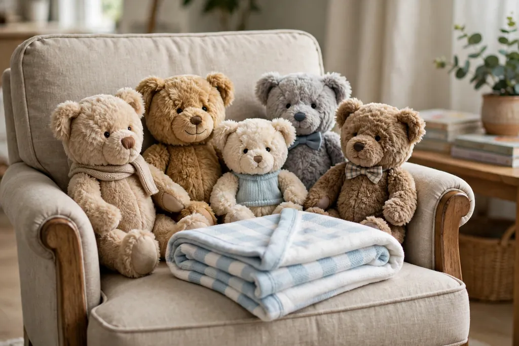 Plush teddy bears arranged in an armchair with a folded baby blanket.