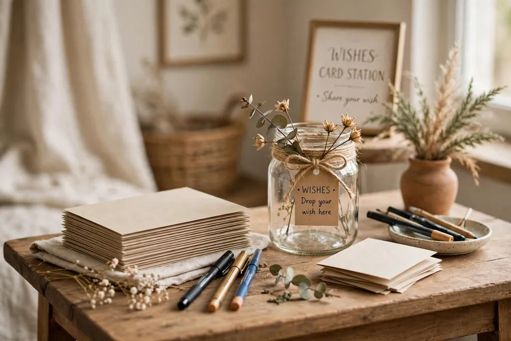 Wishes card station with blank cards, pens, and a decorated jar on a side table.