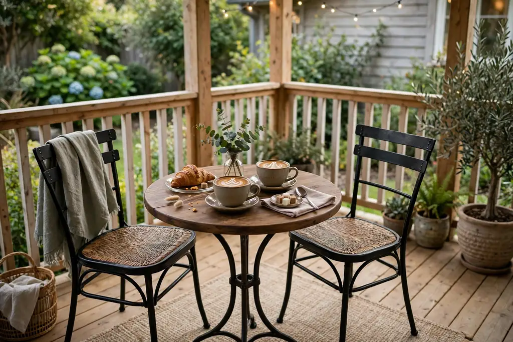 Small bistro table with two chairs and coffee cups on a back porch.